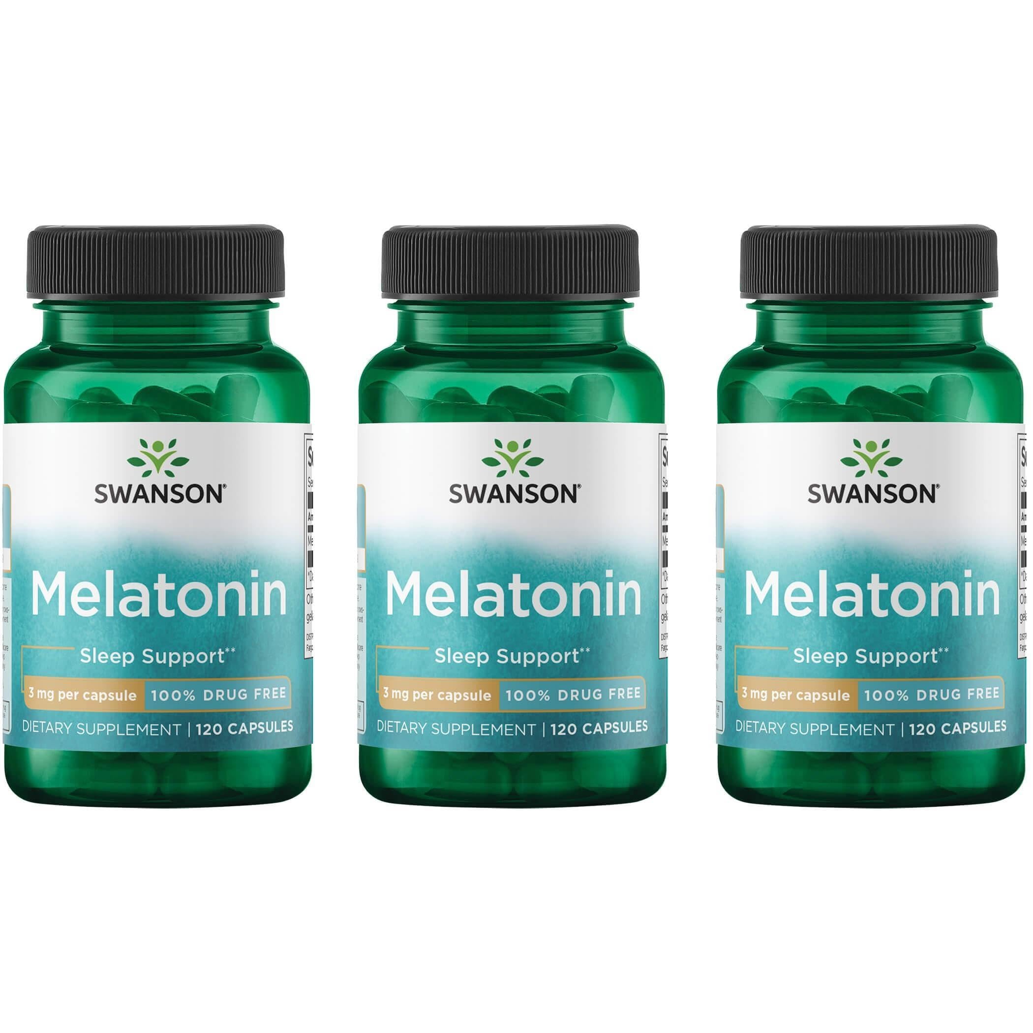 Swanson Melatonin 3mg capsules bottle for calmer nights and peaceful sleep.