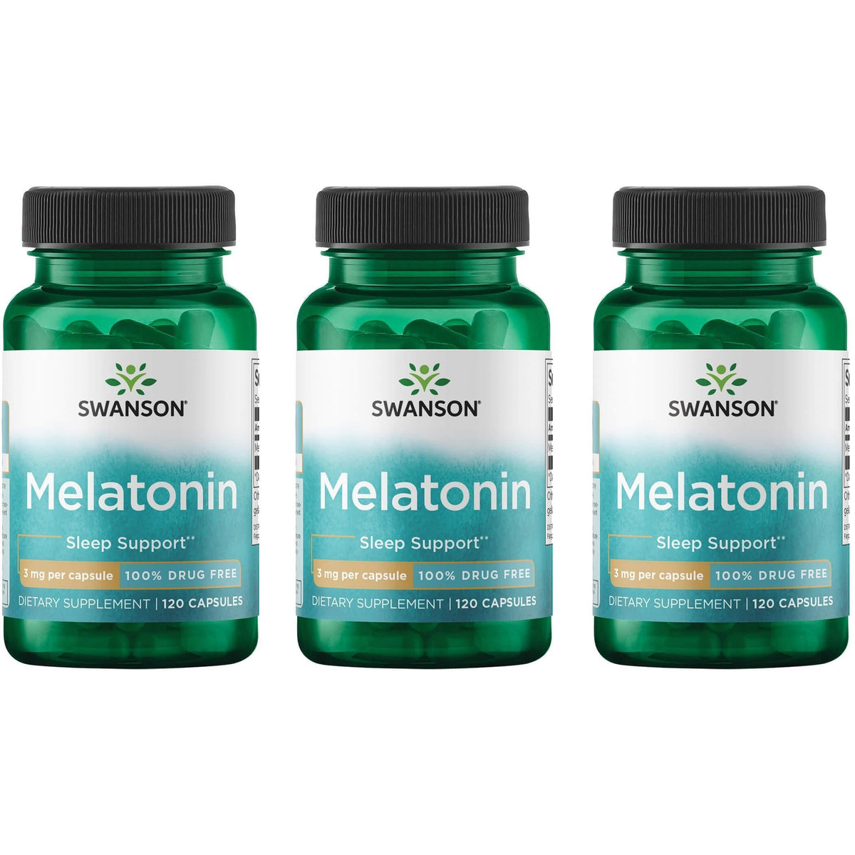 Swanson Melatonin 3mg capsules bottle for calmer nights and peaceful sleep.