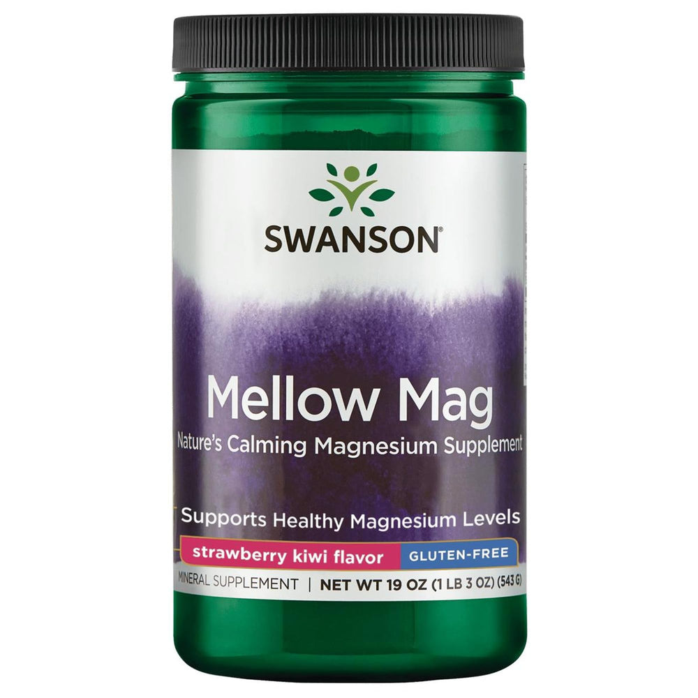 Swanson Mellow Mag strawberry kiwi powder jar for easy daily magnesium support