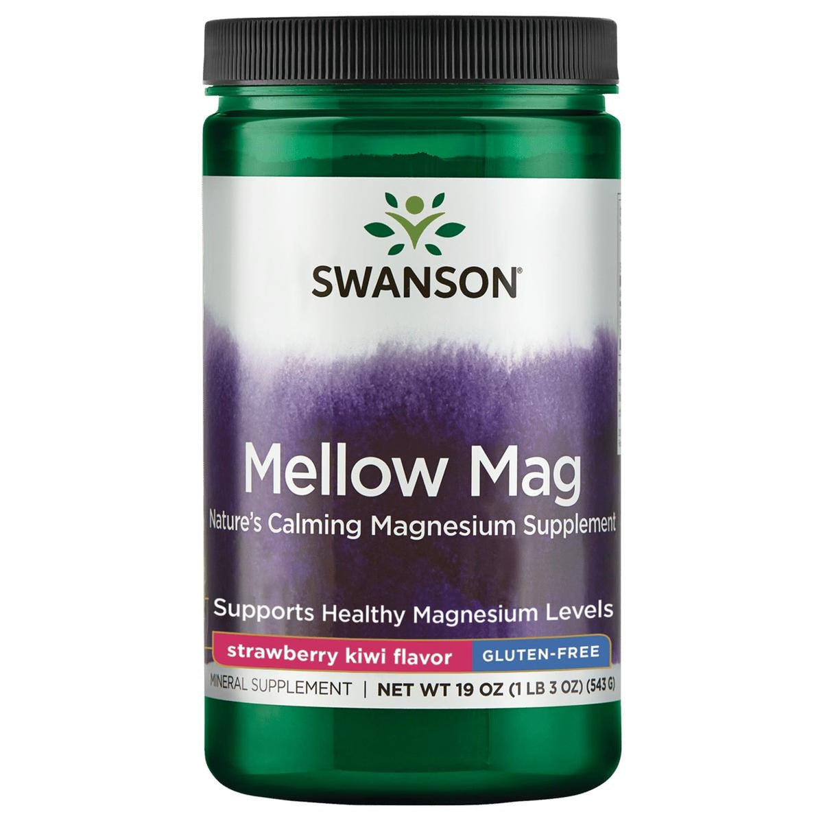 Swanson Mellow Mag strawberry kiwi powder jar for easy daily magnesium support