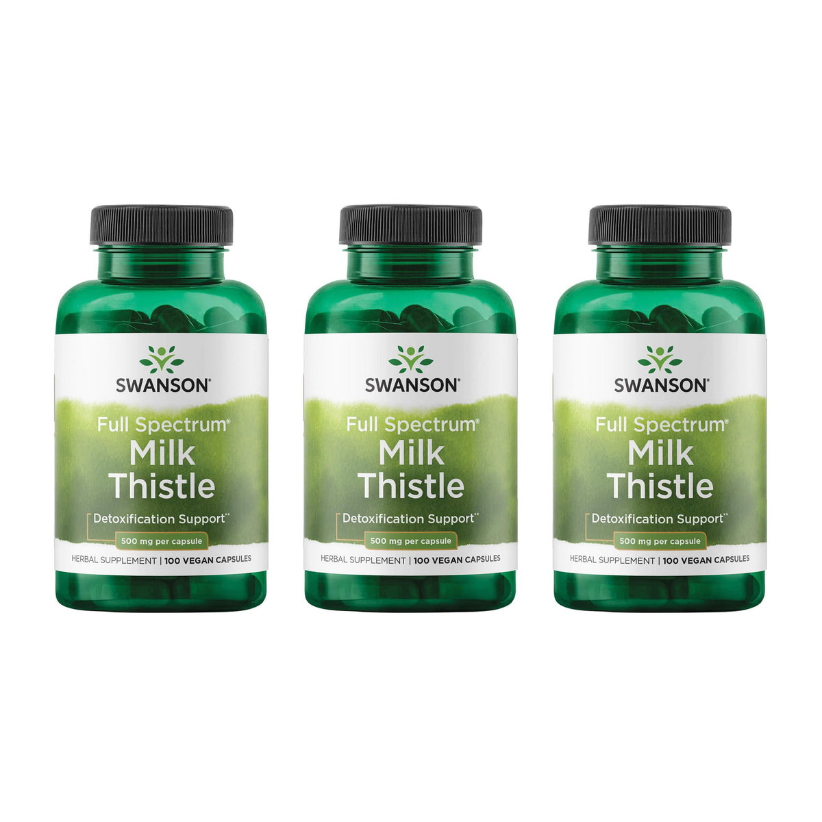 Swanson Milk Thistle bottle closeup showing 500 mg per serving for liver support