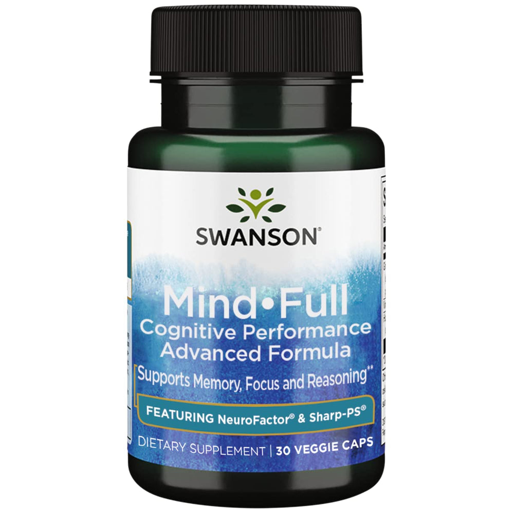 Swanson Mindfull bottle front view shows vegan cognitive formula for daily focus support.