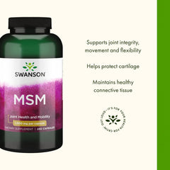 Swanson MSM packaging close-up with label details emphasizing product durability.