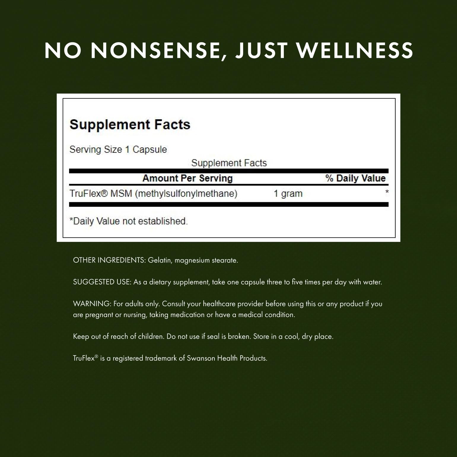 Swanson MSM capsules close-up – for daily use and potential mobility support