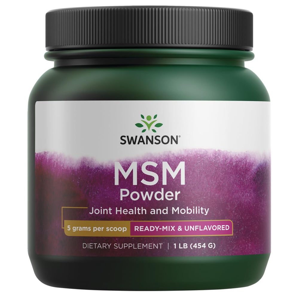 Swanson MSM powder bottle pour for easy daily dosing and potential joint support.