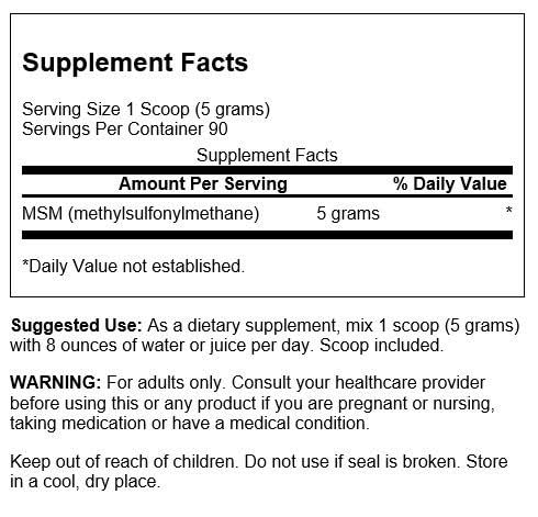 Swanson MSM powder scoop-measure showing precise dosing for connective tissue support.