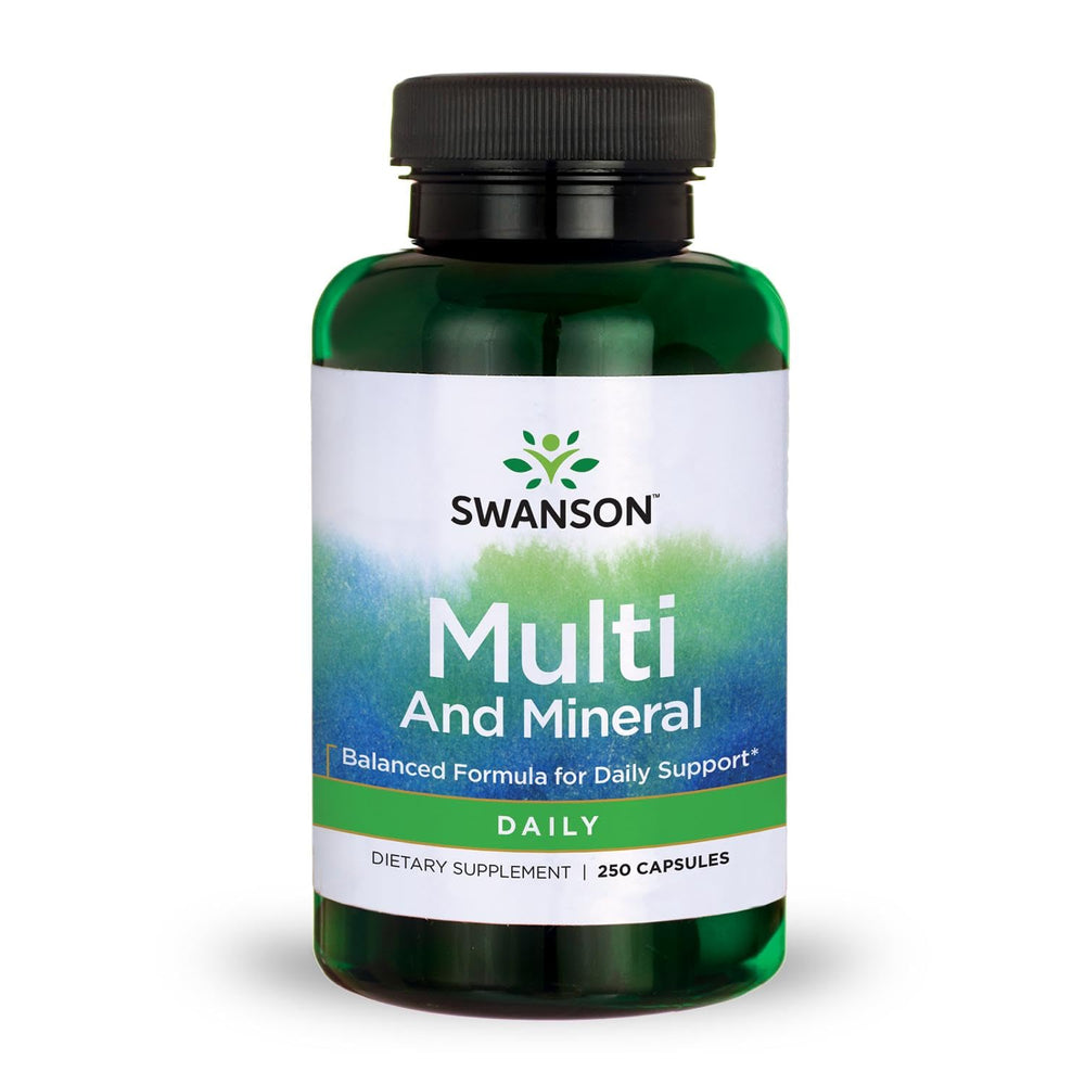 Swanson Multi and Mineral Daily bottle pour showing easy daily nutrient support.