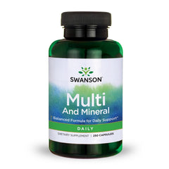 Swanson Multi and Mineral Daily bottle pour showing easy daily nutrient support.