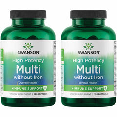 Swanson Multi Without Iron bottle showing the label highlights antioxidant and mineral support.