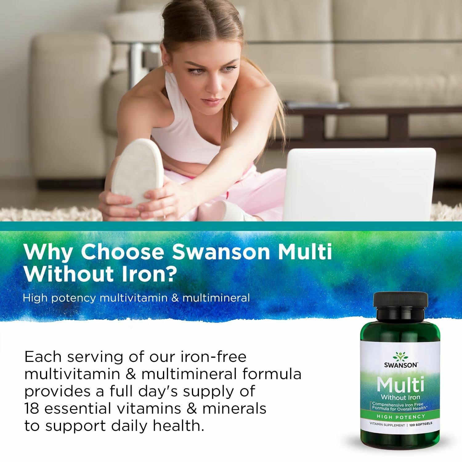 Swanson Multi Without Iron bottle on shelf implies convenient daily nutrition.