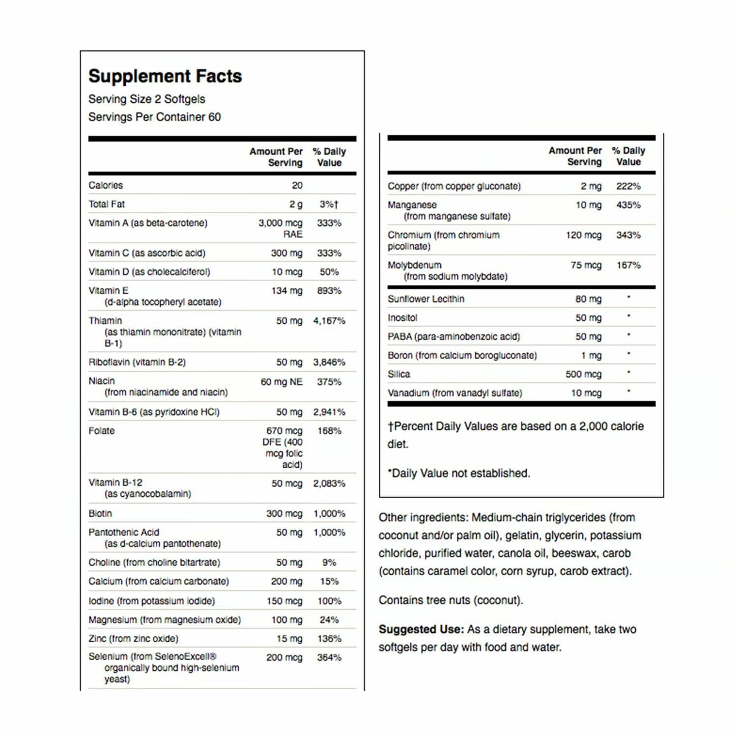 Swanson Multi Without Iron softgels close-up illustrating iron-free daily vitamin option.