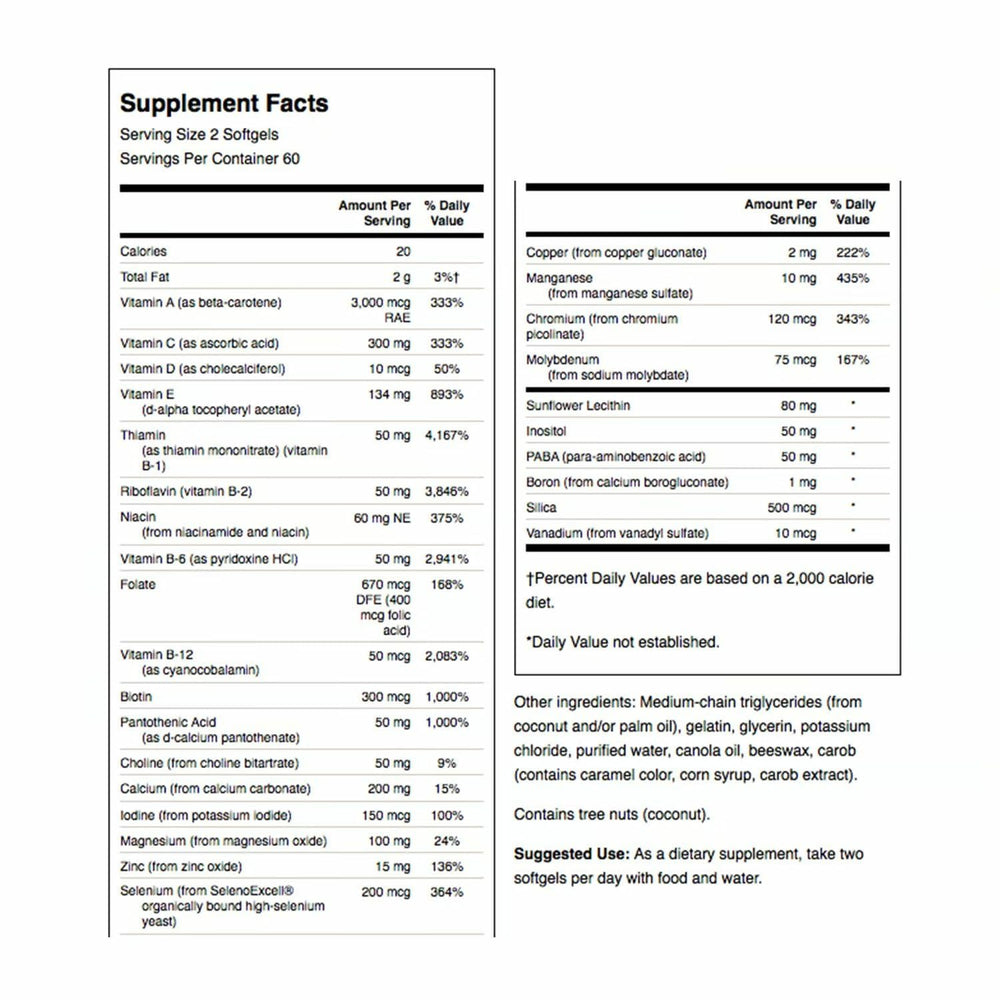 Swanson Multi Without Iron softgels close-up illustrating iron-free daily vitamin option.