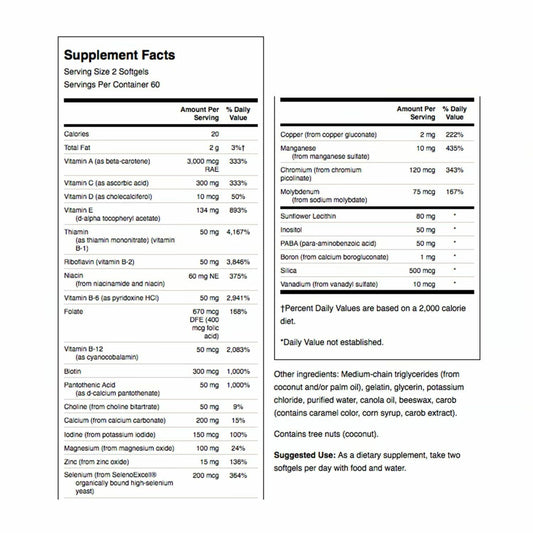 Swanson Multi Without Iron softgels close-up illustrating iron-free daily vitamin option.
