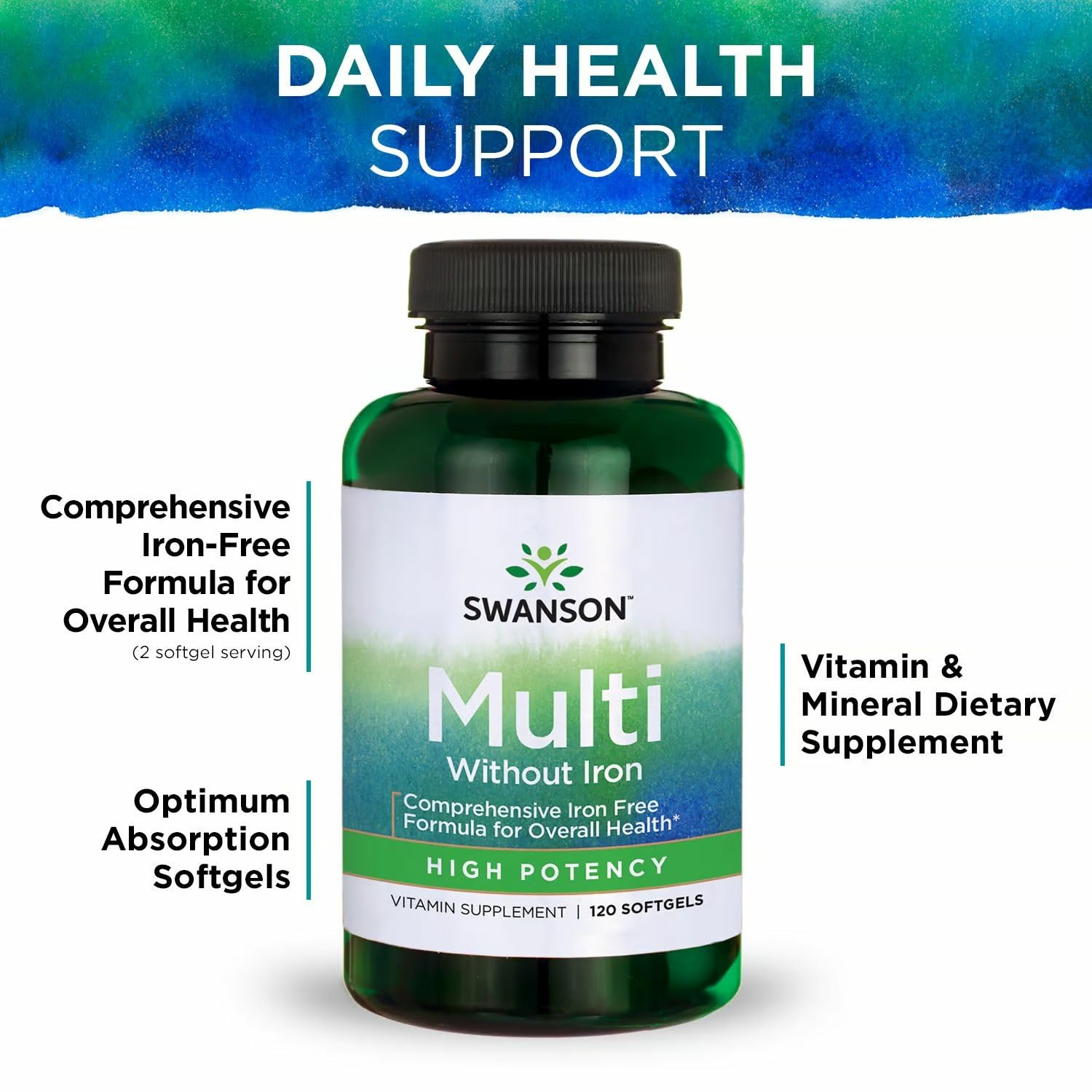Swanson Multi Without Iron softgels close-up showing smooth texture for easy swallowing.