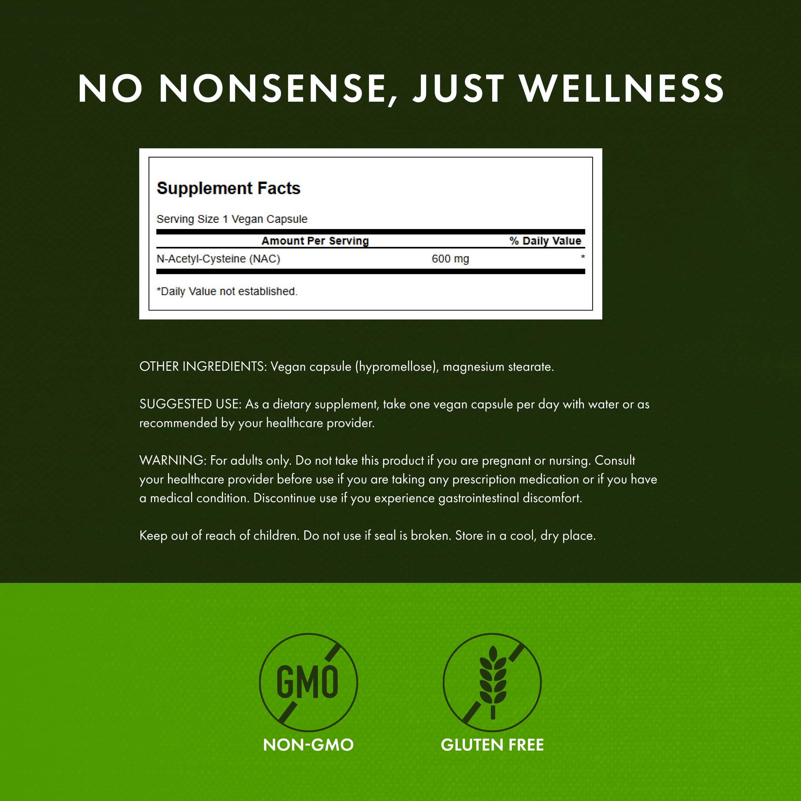 Swanson NAC 600 mg capsules front view for easy dosing