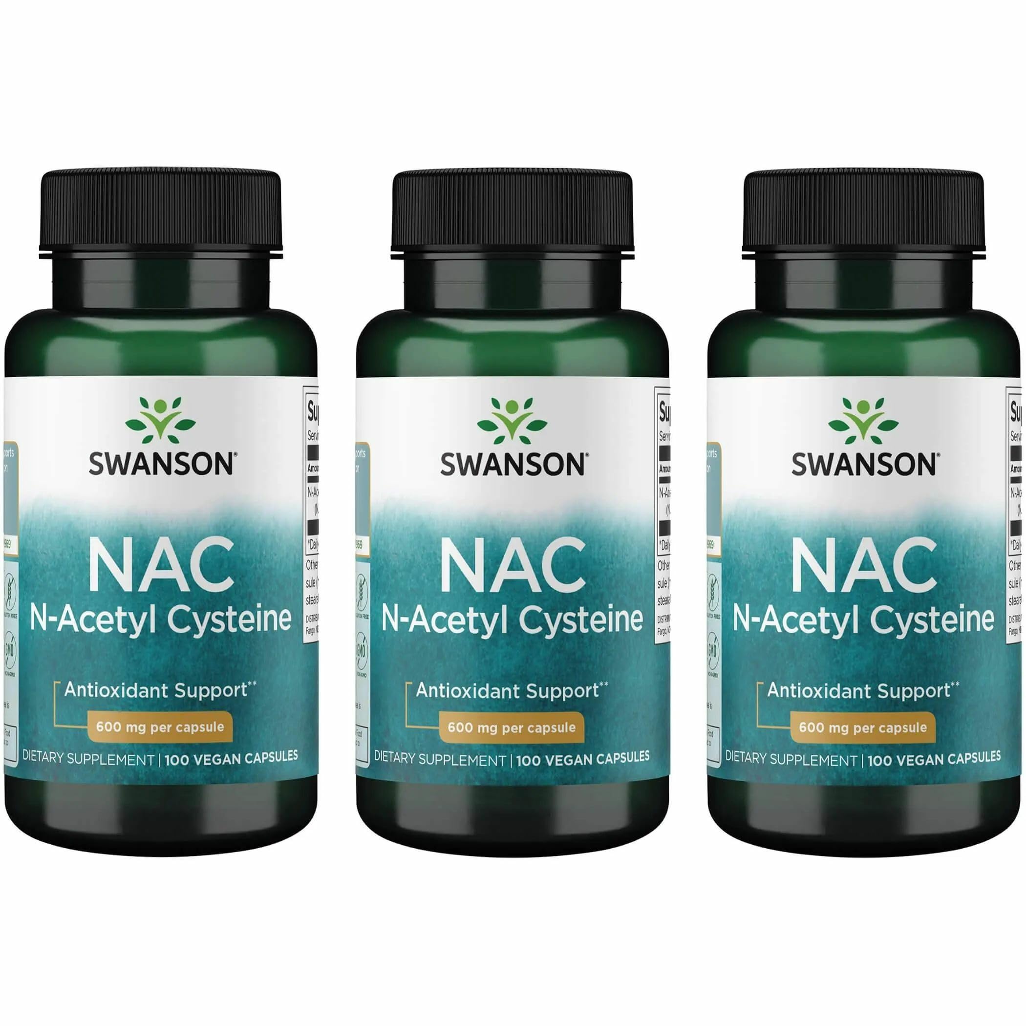 Swanson NAC bottle-front displays 600 mg capsules for daily antioxidant support.