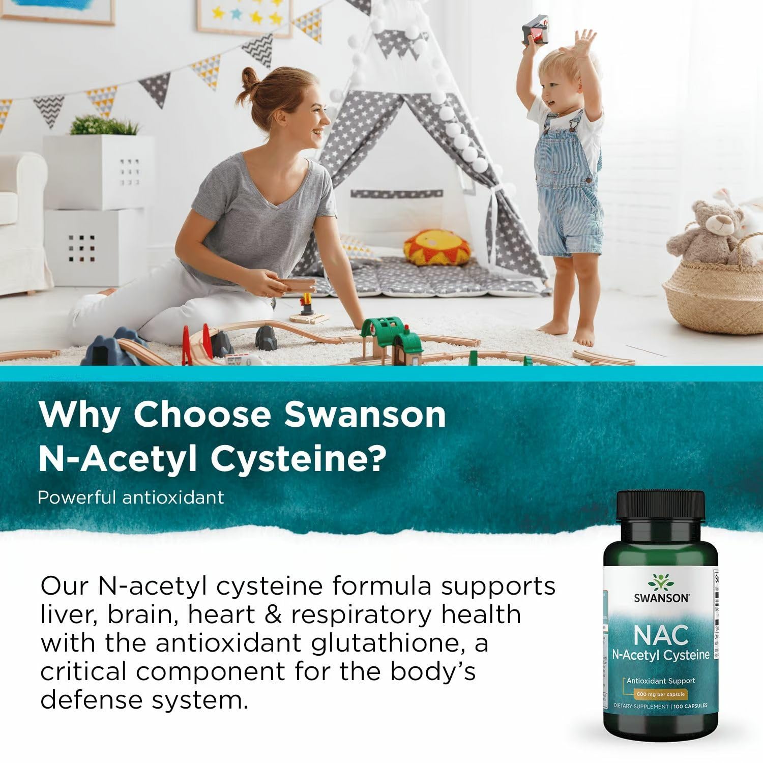 Swanson NAC bottle with label and quality marks communicates purity.