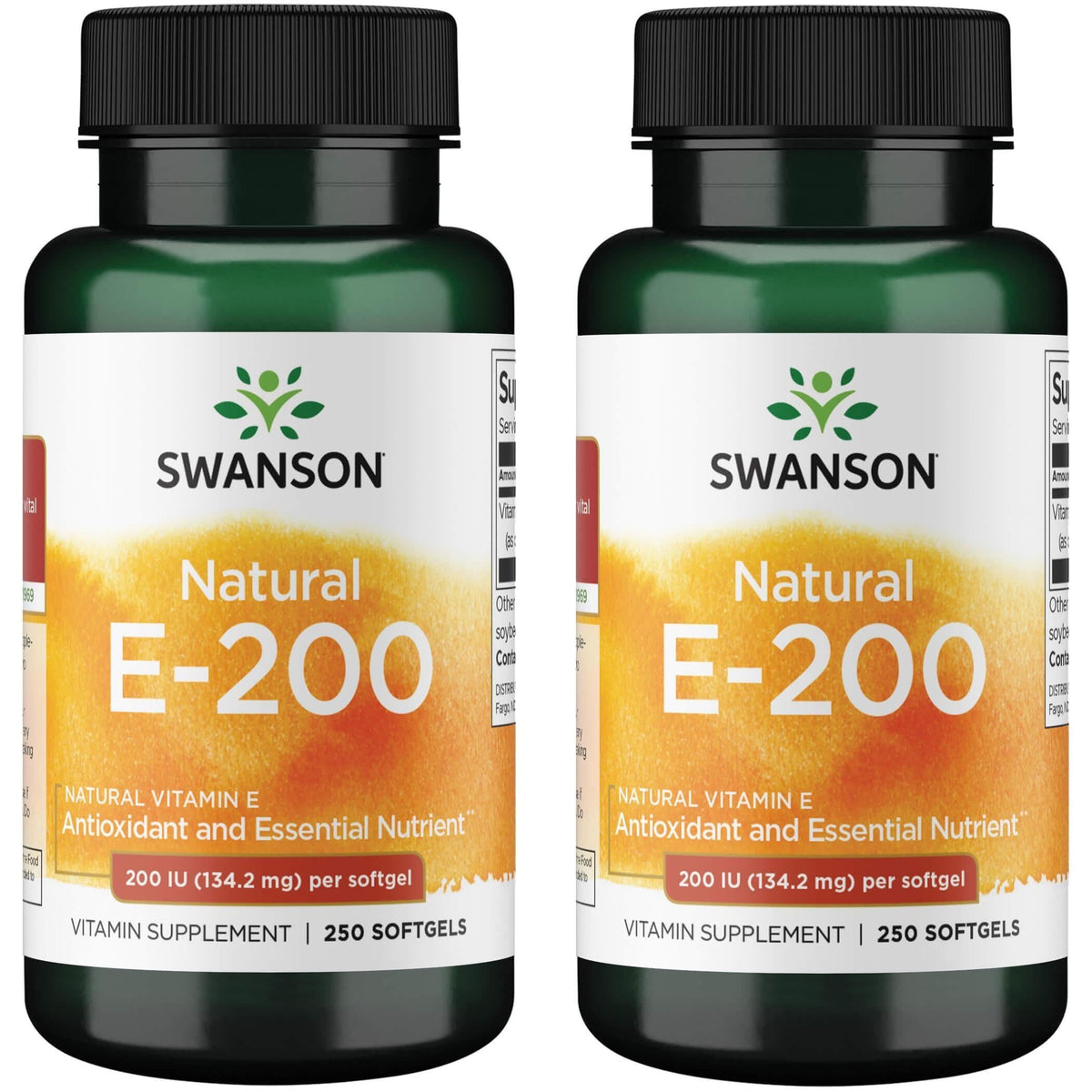 Swanson Natural Vitamin E softgel bottle, easy-to-swallow capsules for daily wellness support.