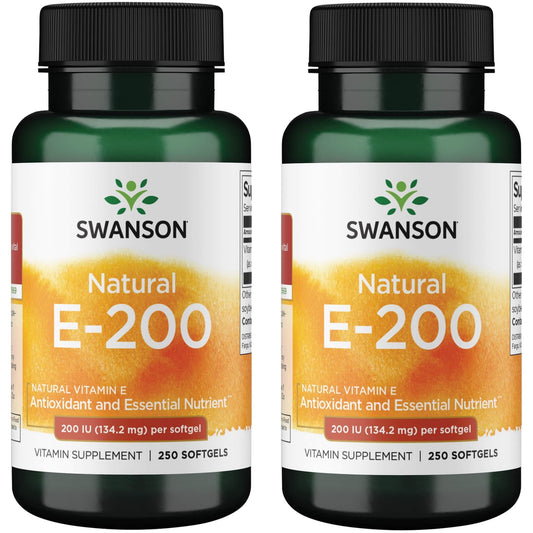 Swanson Natural Vitamin E softgel bottle, easy-to-swallow capsules for daily wellness support.