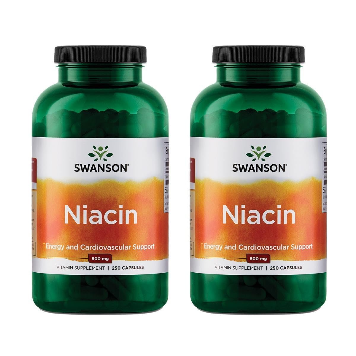 Swanson Niacin B3 bottle and capsules; supports metabolism and cardio health.
