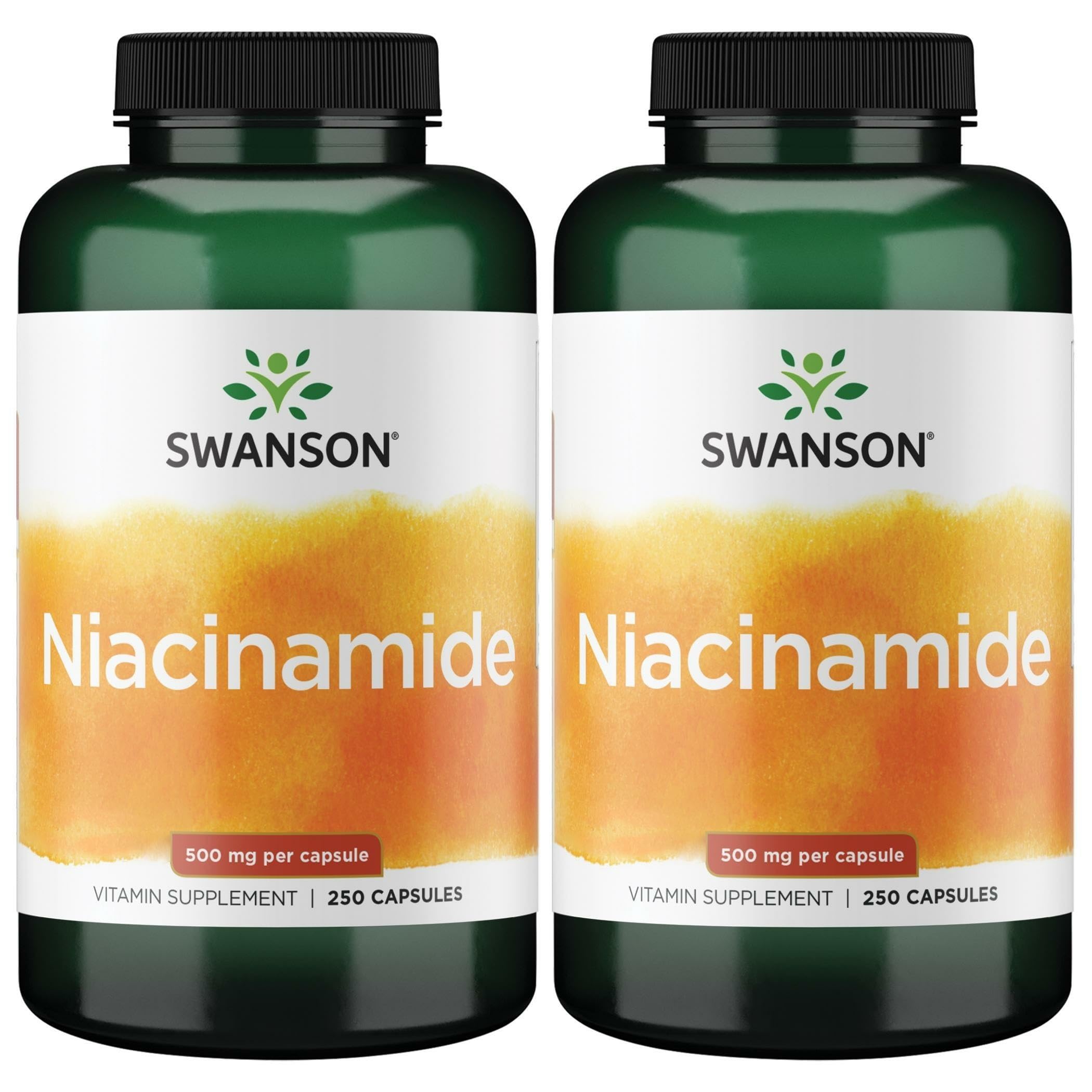 Swanson Niacinamide 500 mg bottle front showing a convenient 2-pack for daily skin and energy support