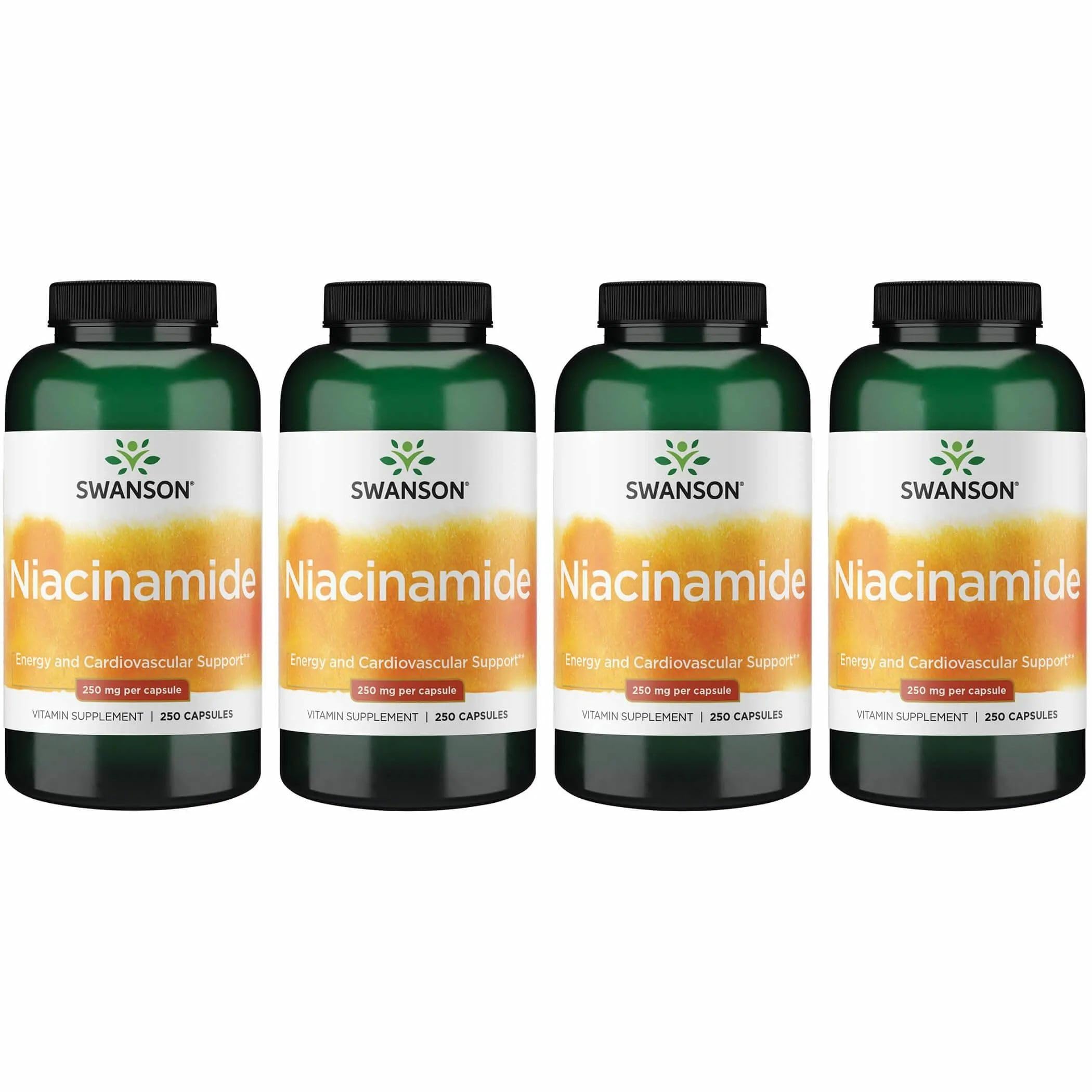 Swanson Niacinamide bottle label with 250 mg capsules for energy metabolism and heart health.