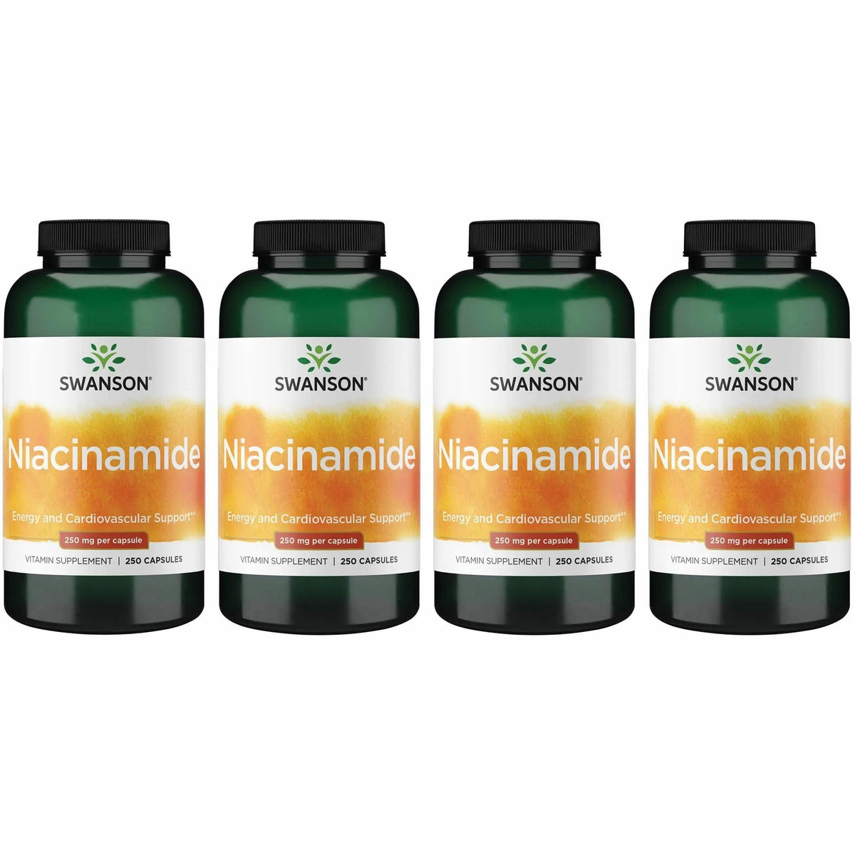 Swanson Niacinamide bottle label with 250 mg capsules for energy metabolism and heart health.