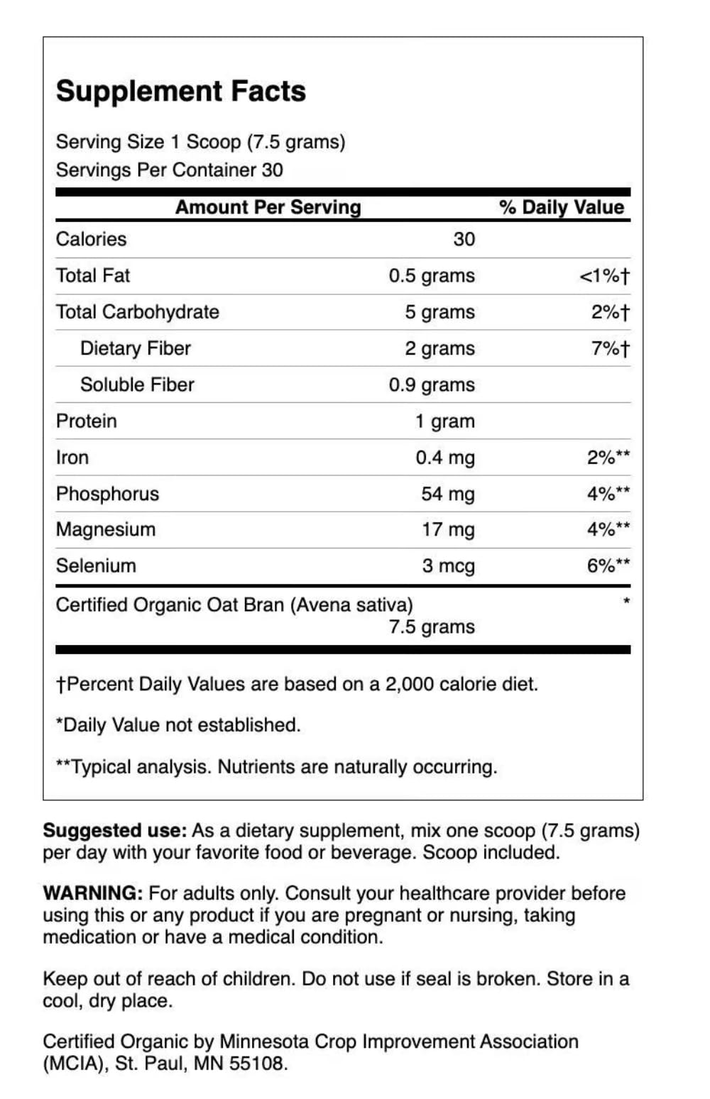 Swanson Oat Bran Fiber Powder bottle with scoop promotes satiety and easy mixing