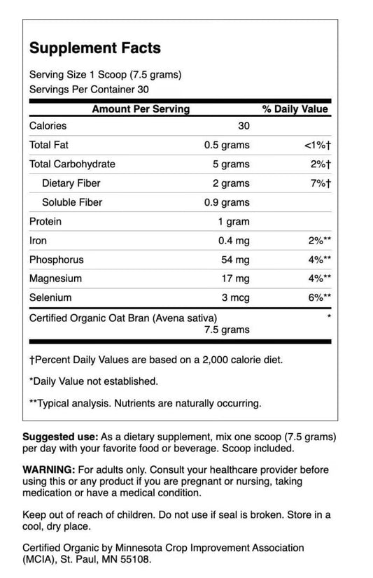 Swanson Oat Bran Fiber Powder bottle with scoop promotes satiety and easy mixing