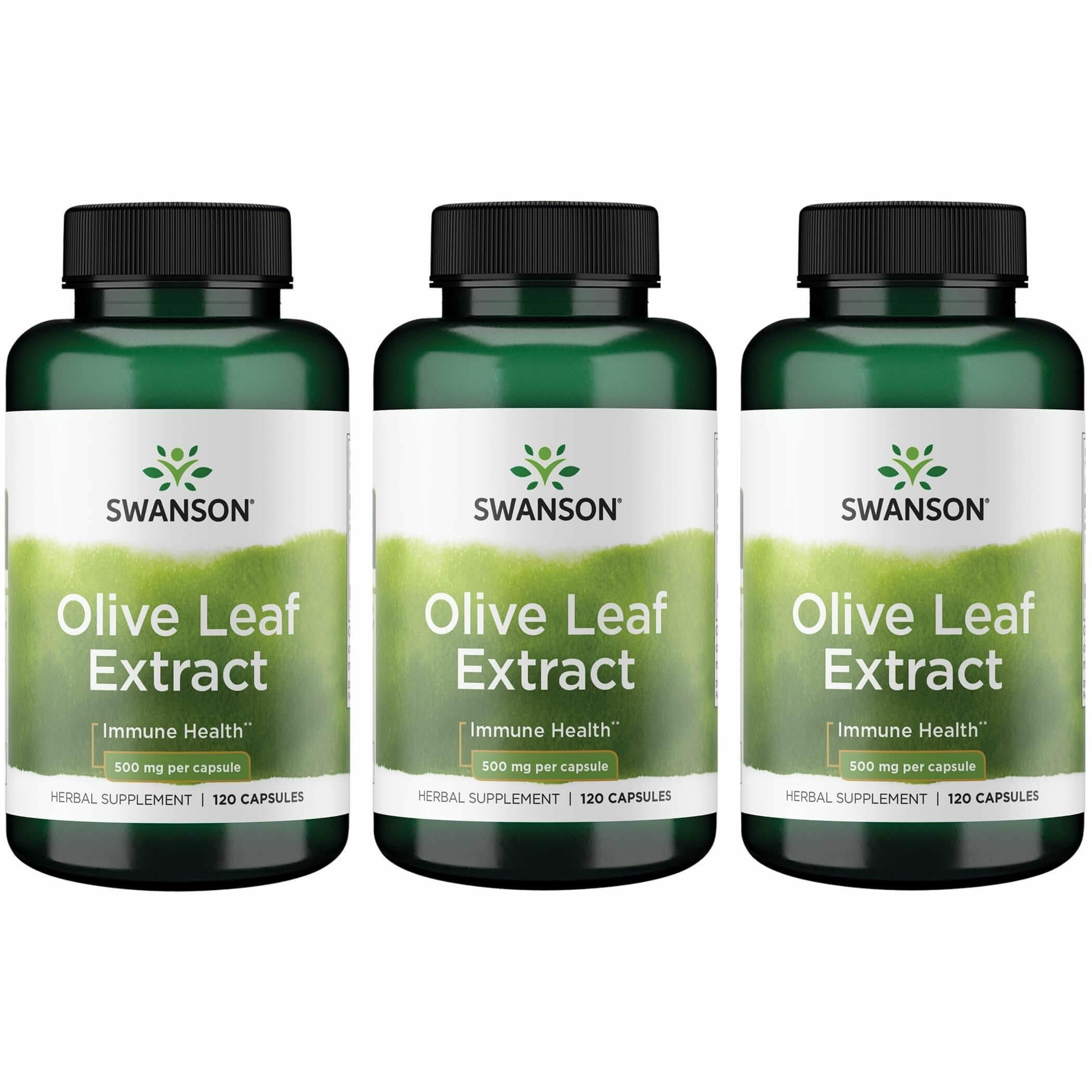 Swanson olive leaf extract bottle on countertop highlighting daily immune support options.