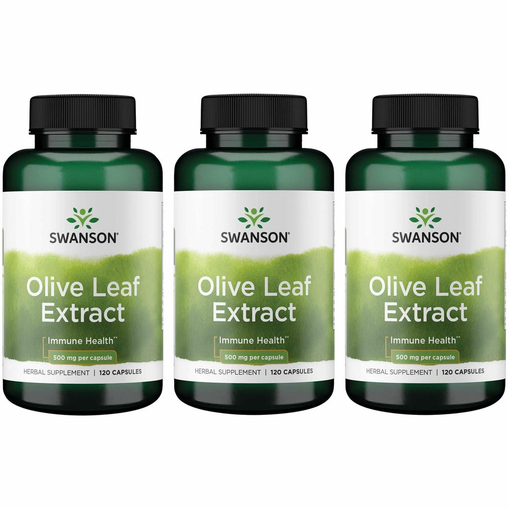 Swanson olive leaf extract bottle on countertop highlighting daily immune support options.