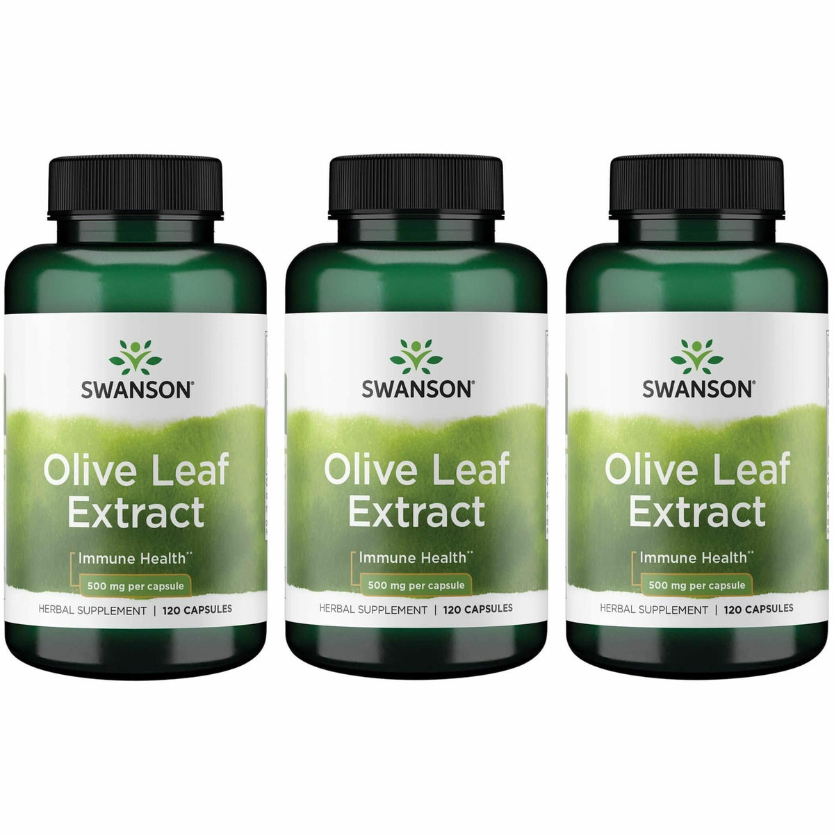 Swanson olive leaf extract bottle on countertop highlighting daily immune support options.