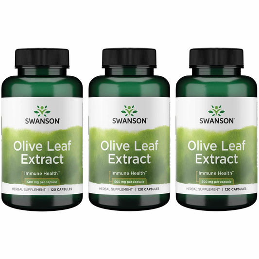 Swanson olive leaf extract bottle on countertop highlighting daily immune support options.