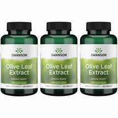 Swanson olive leaf extract bottle on countertop highlighting daily immune support options.