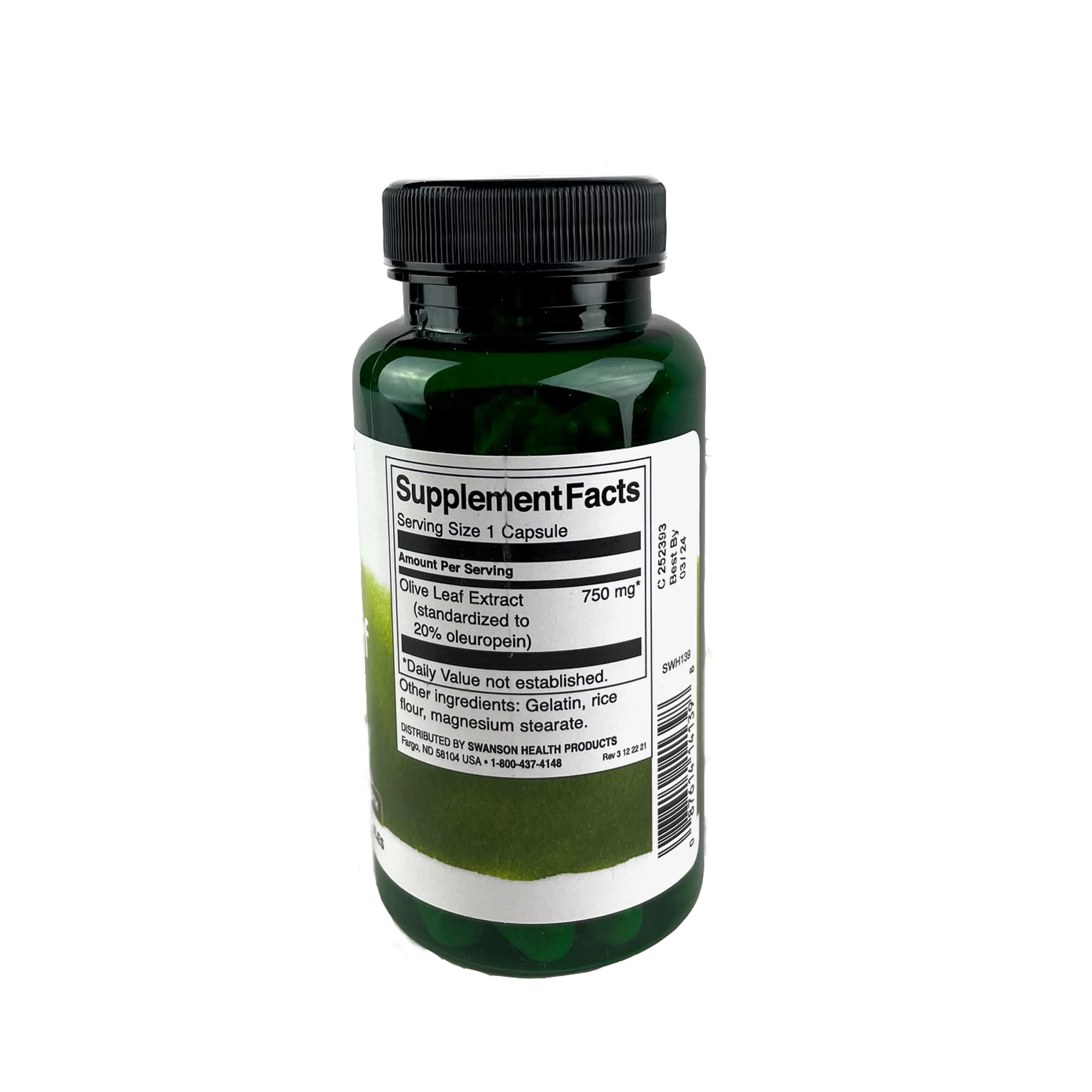Swanson Olive Leaf Extract cap close-up showing oleuropein-rich capsules.
