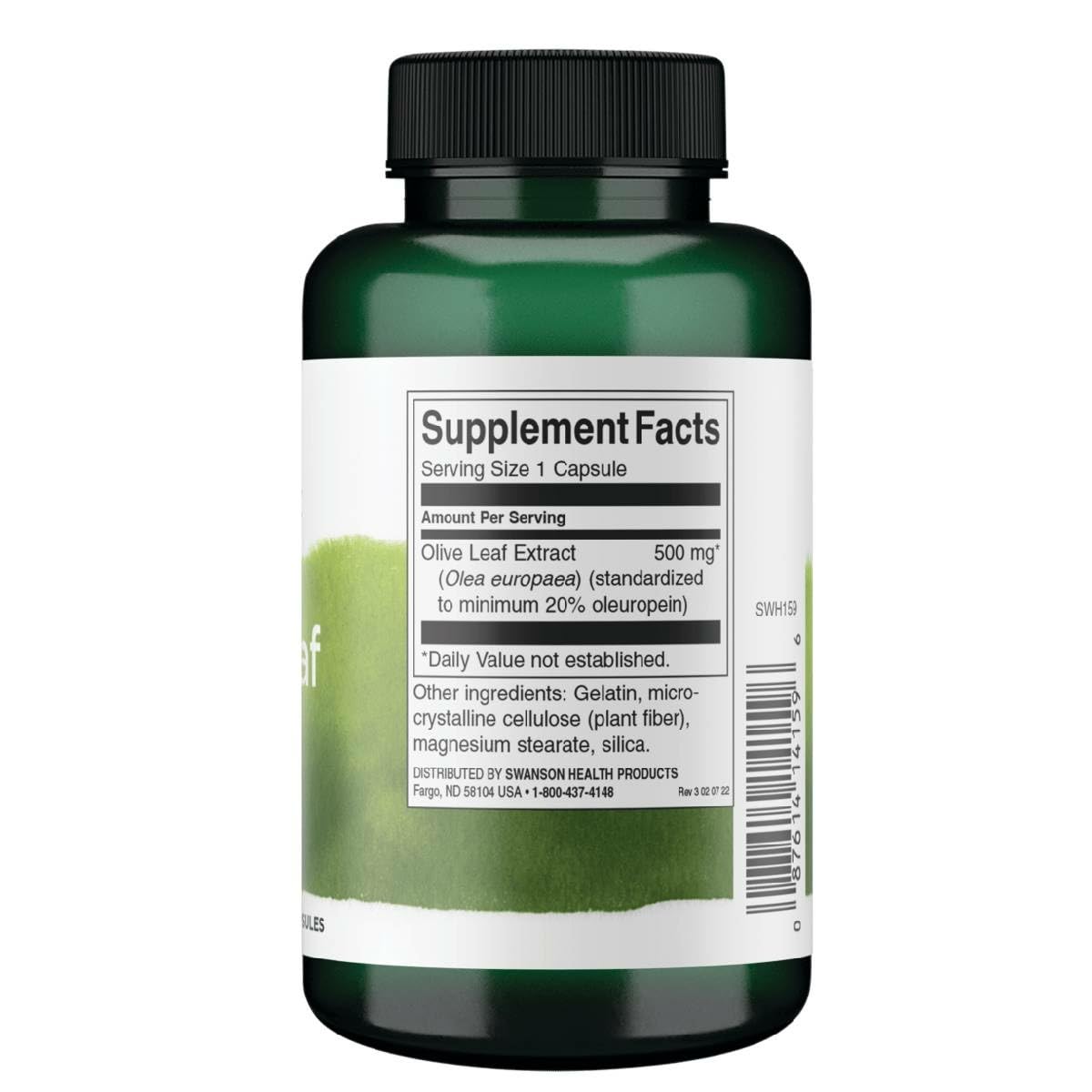 Swanson olive leaf extract label close-up showing 20% oleuropein potency.