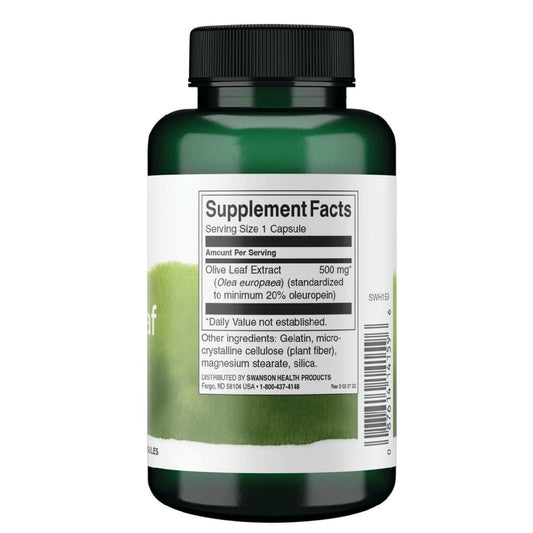 Swanson olive leaf extract label close-up showing 20% oleuropein potency.