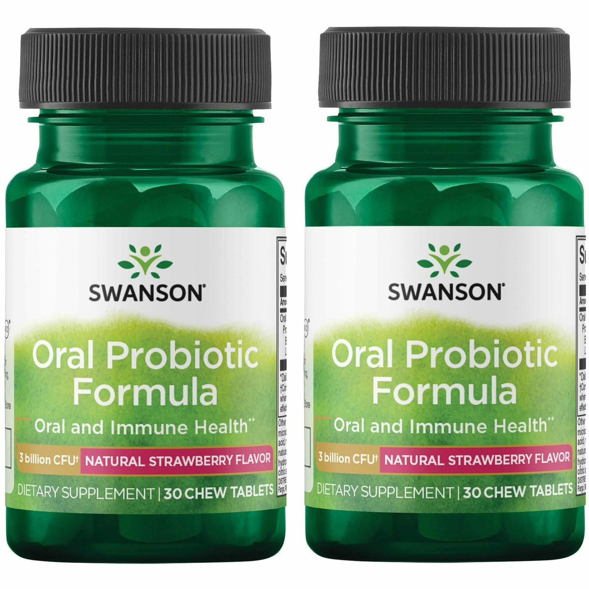 Swanson Oral Probiotic Formula bottle front with branding and strawberry flavor