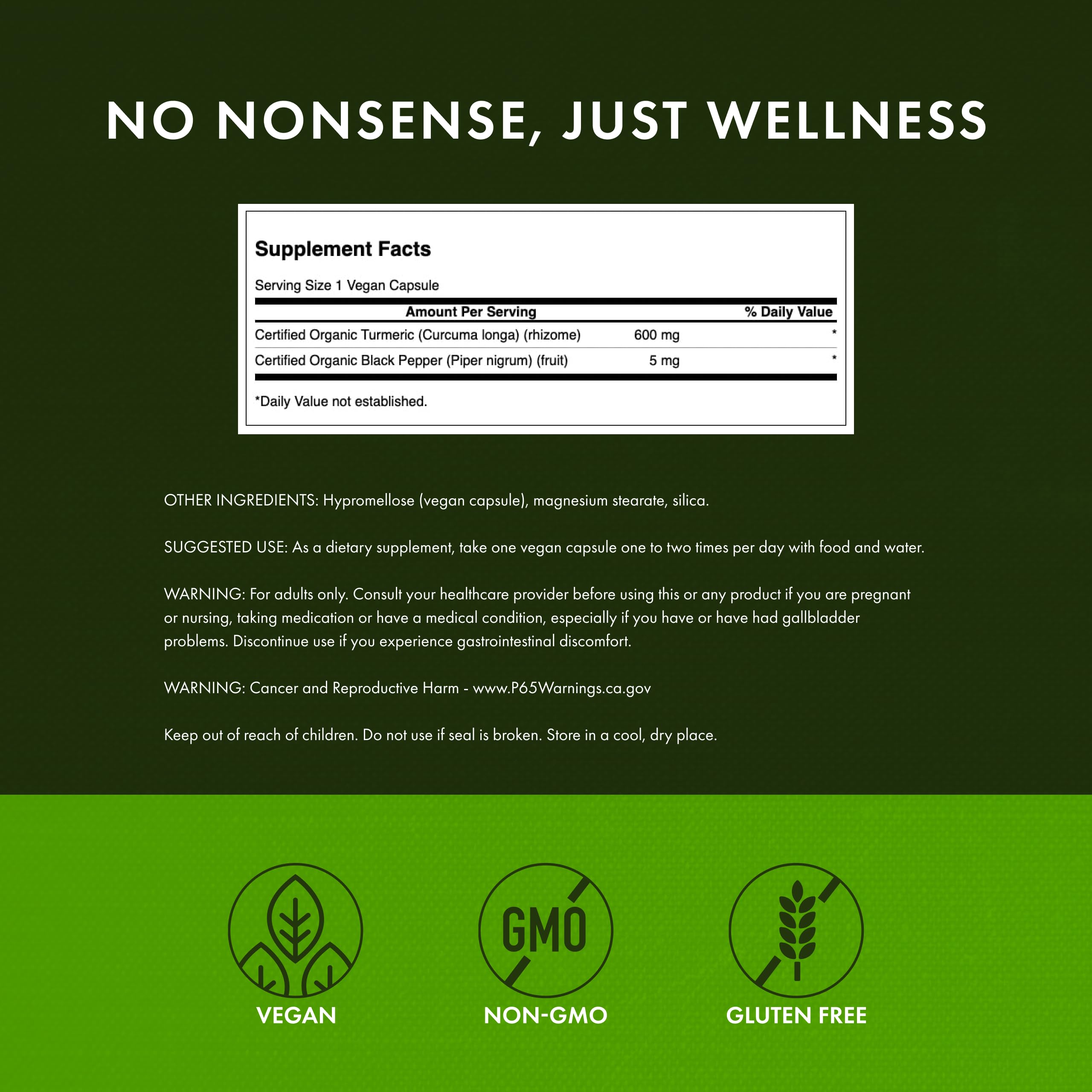 Swanson organic turmeric powder label shows full-spectrum benefits for health.