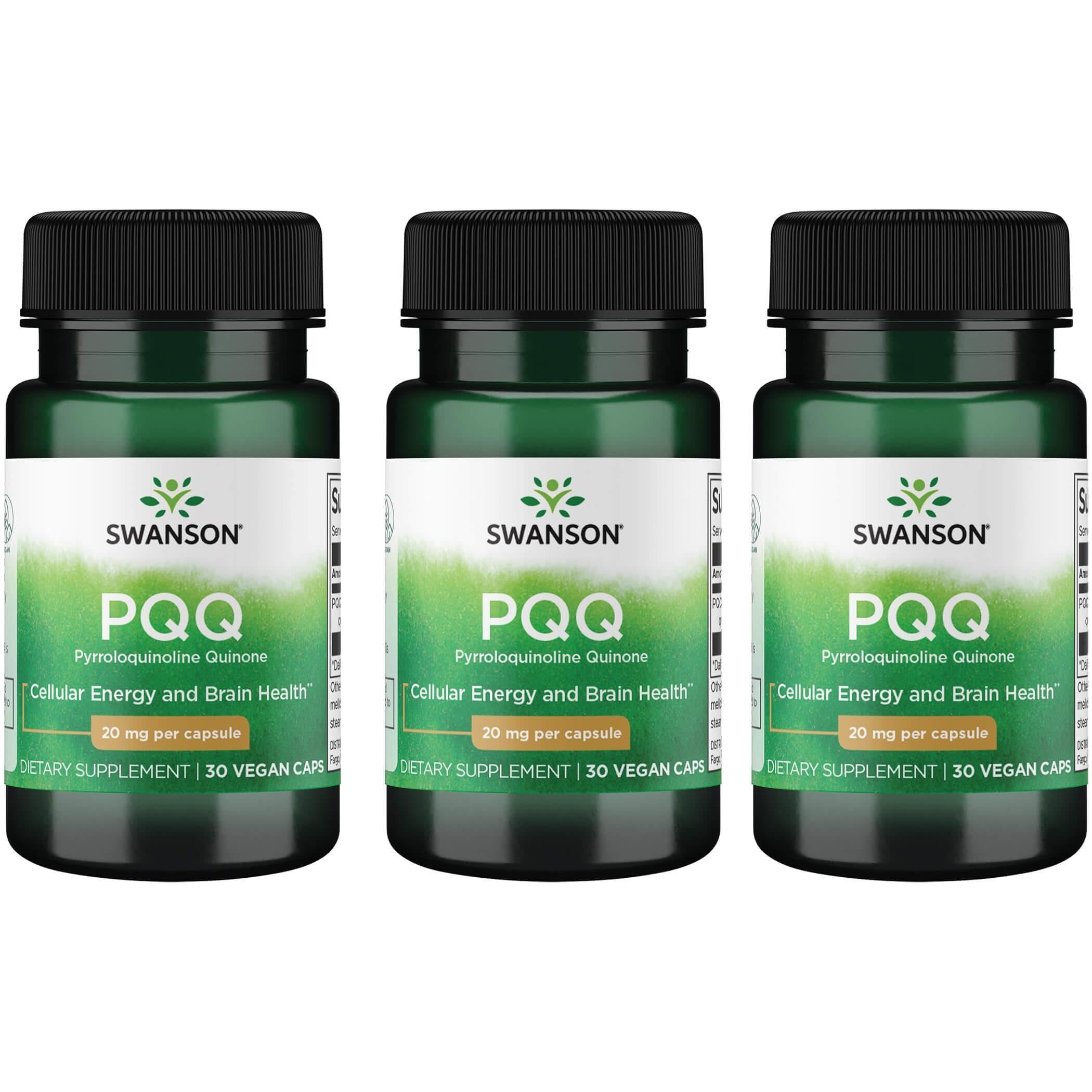 Swanson PQQ 20 mg vegan capsules, bottle front, supporting mitochondrial health and cognitive wellness possibilities.