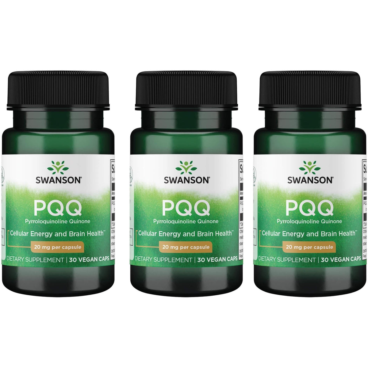 Swanson PQQ 20 mg vegan capsules, bottle front, supporting mitochondrial health and cognitive wellness possibilities.