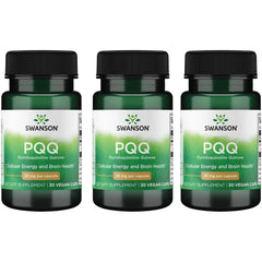 Swanson PQQ 20 mg vegan capsules, bottle front, supporting mitochondrial health and cognitive wellness possibilities.