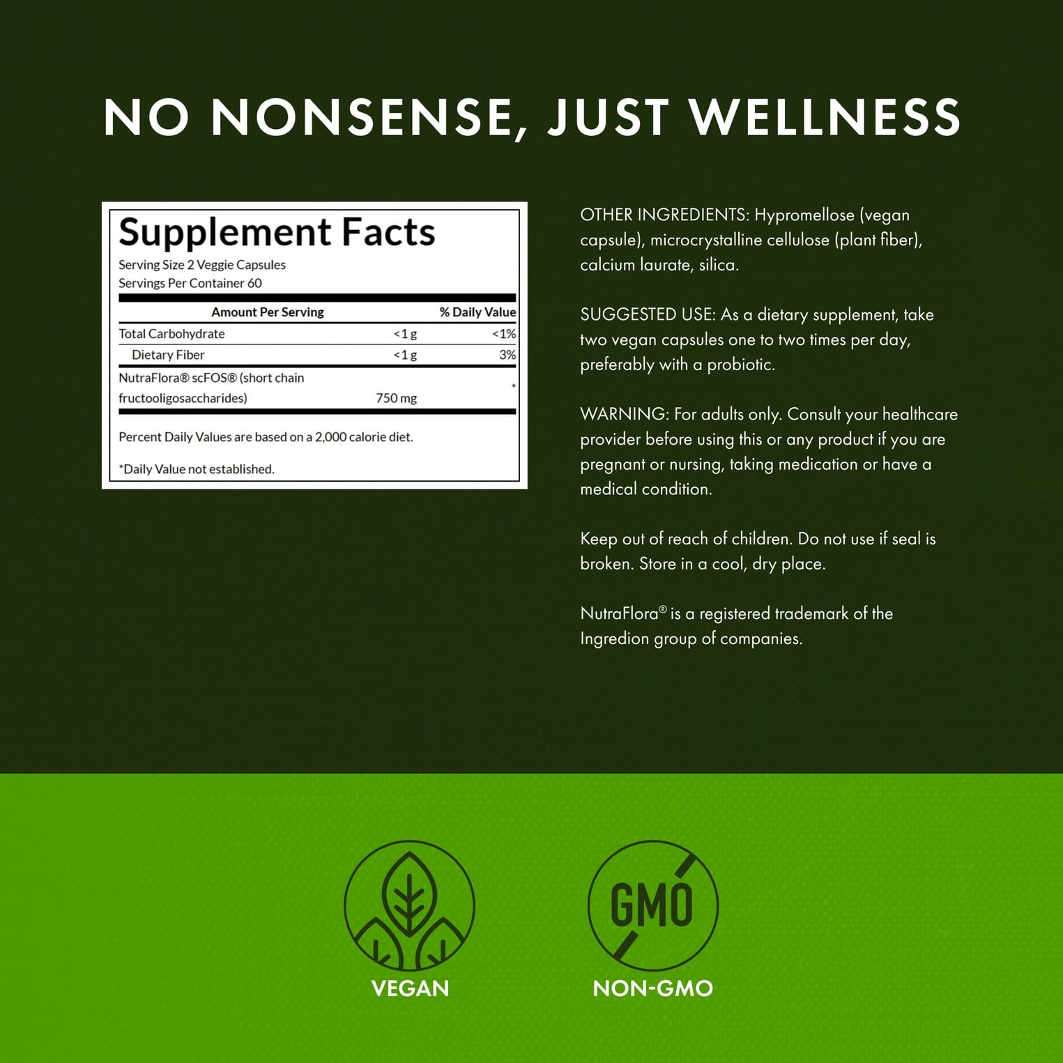 Detail of Swanson Prebiotic label highlighting NutraFlora fiber