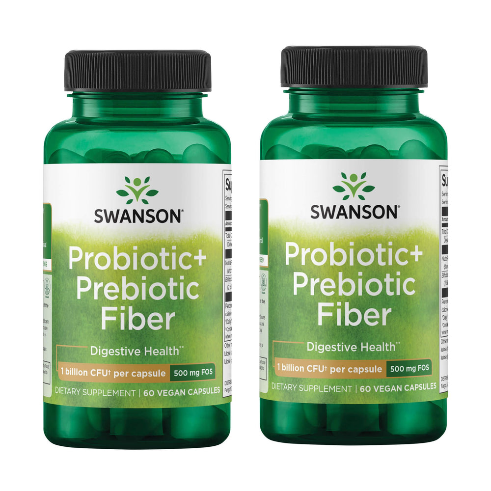 Swanson Prebiotic + Probiotic Fiber bottle front showing label and benefits for digestion