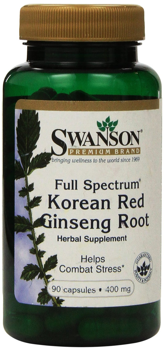 Swanson Premium Korean Red Ginseng bottle front with 90 capsules for daily vitality.