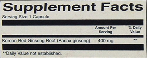 Swanson Premium Korean Red Ginseng capsules close-up highlighting 400 mg per capsule for balanced energy.