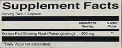 Swanson Premium Korean Red Ginseng capsules close-up highlighting 400 mg per capsule for balanced energy.