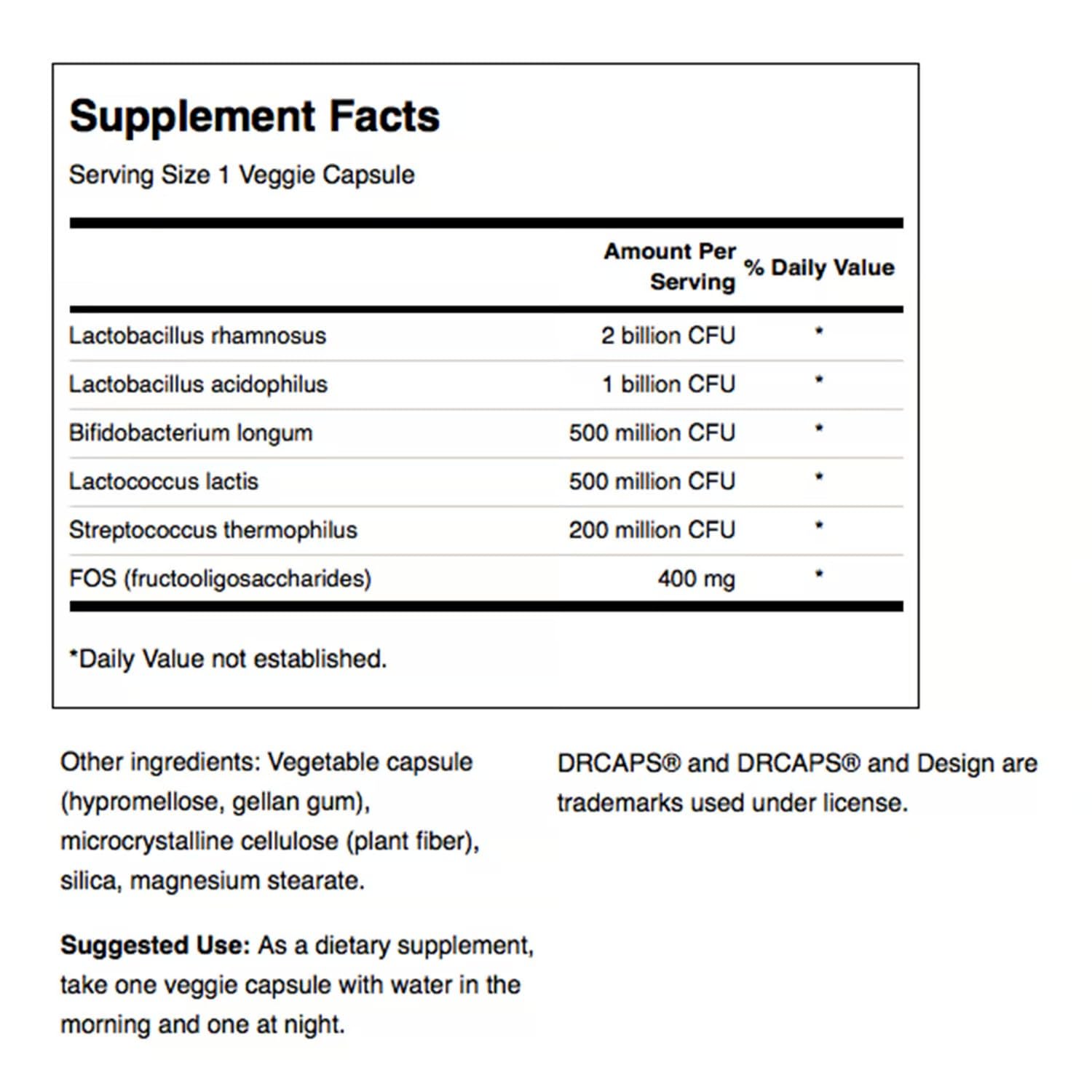 Swanson Probiotic Complex bottle-label details 4.2B CFU and FOS prebiotic