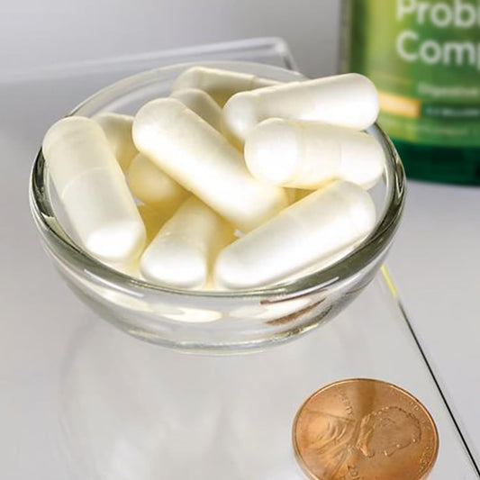 Swanson Probiotic Complex capsules-closeup shows multiple strains for gut balance