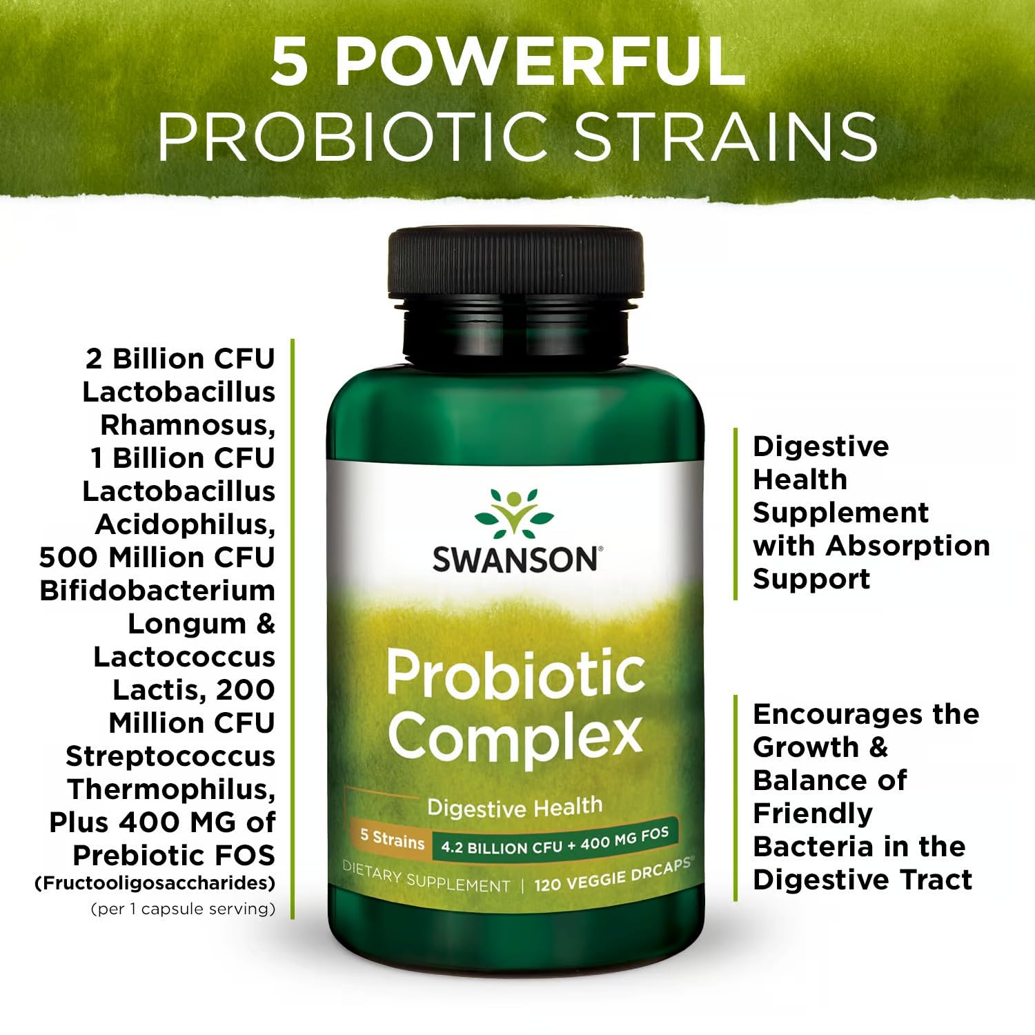 Swanson Probiotic Complex veggie-drcaps shows plant-based capsules for easy swallowing